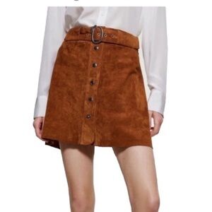 Zara Brown Suede Button Front Belted A-line Skirt.